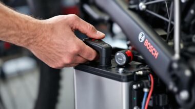 Main branchant une batterie sur un vélo Bosch