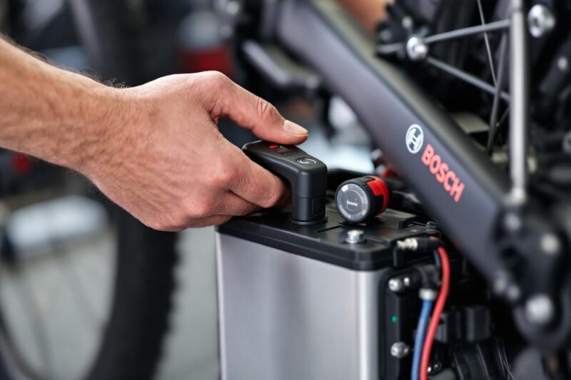 Main branchant une batterie sur un vélo Bosch