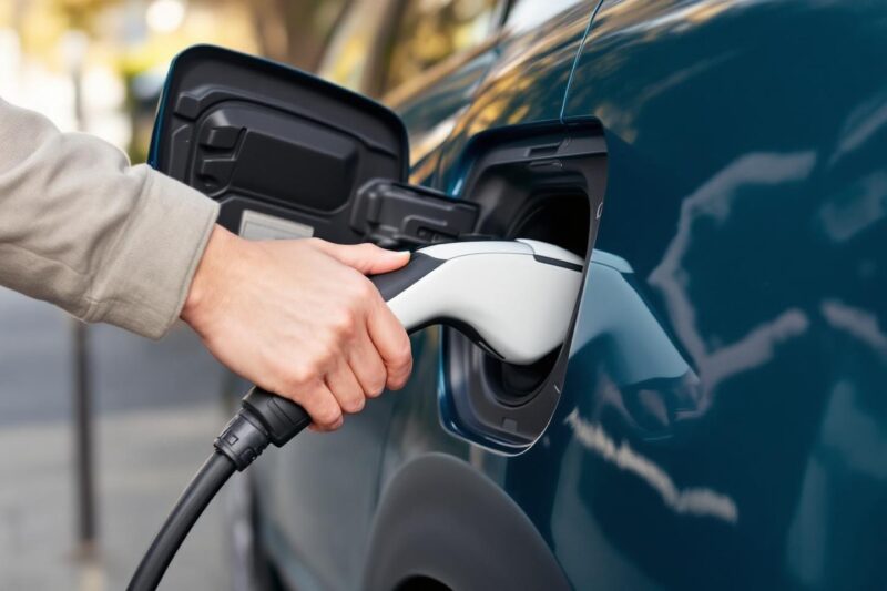 Main branchant un câble de charge sur une voiture électrique