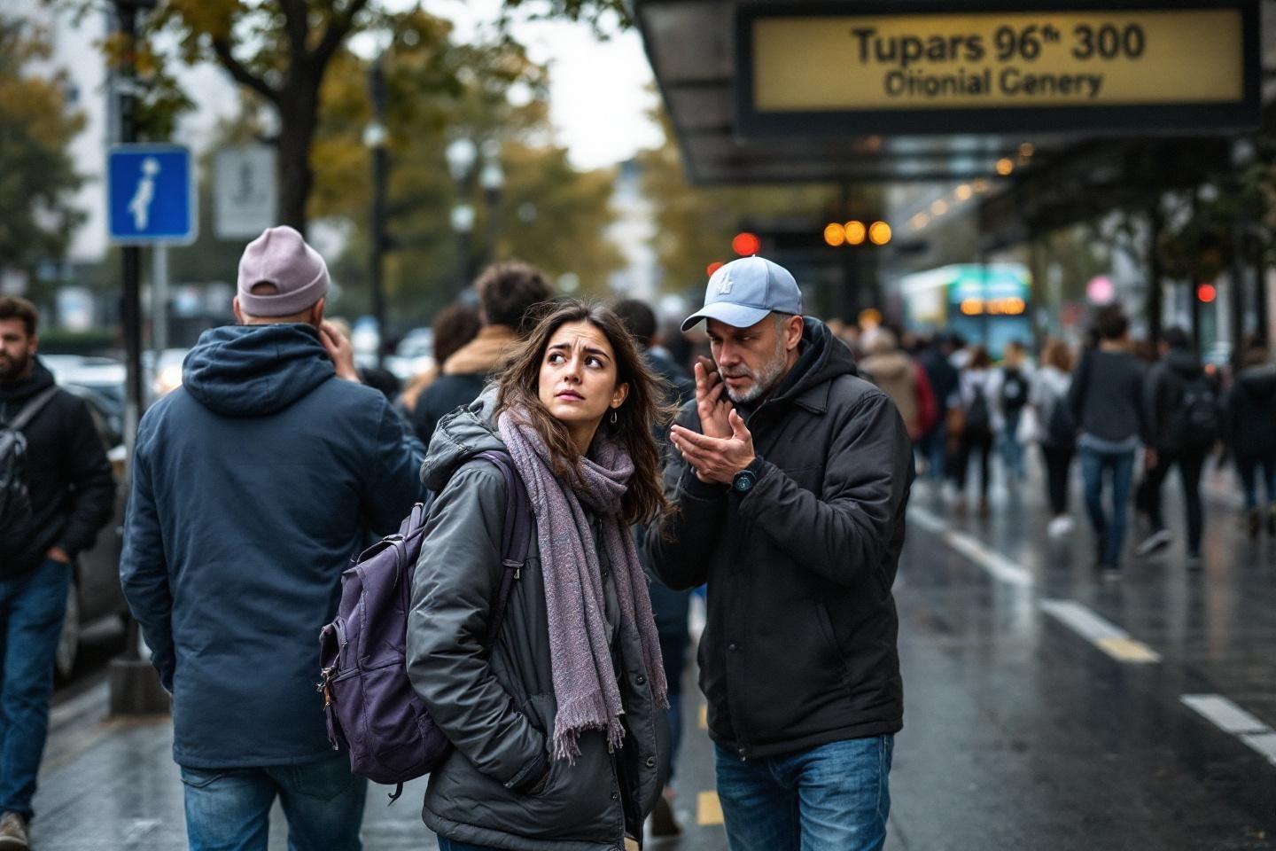 Deux personnes discutant intensément sur un trottoir pluvieux