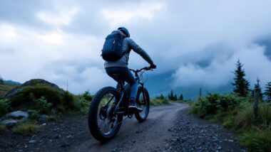Vététiste solitaire sur un chemin rocailleux dans les nuages