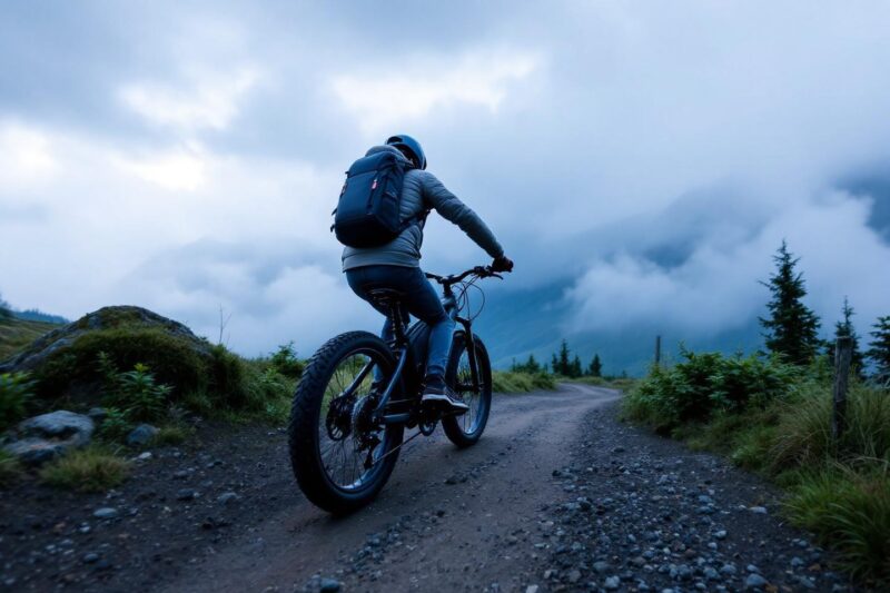 Vététiste solitaire sur un chemin rocailleux dans les nuages