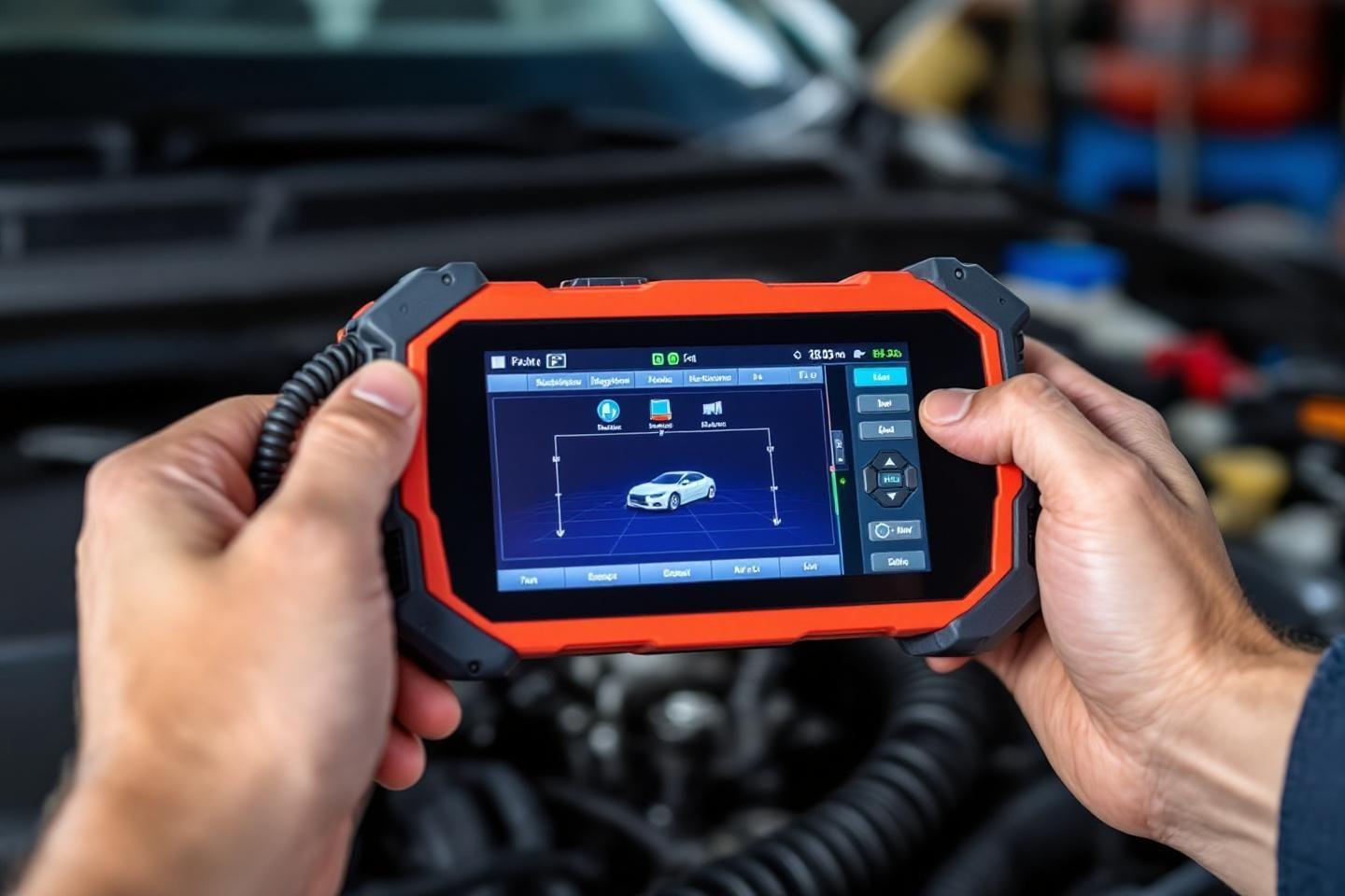 Appareil de diagnostic automobile orange affichant un véhicule