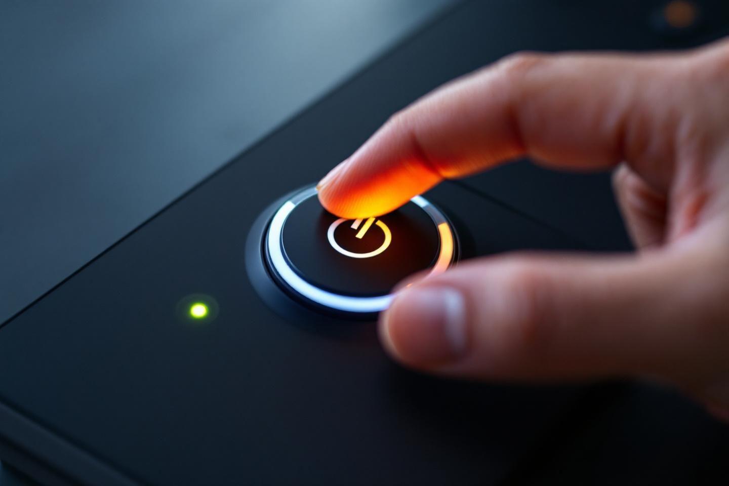 Doigt illuminé sur bouton d'alimentation rond avec anneau lumineux