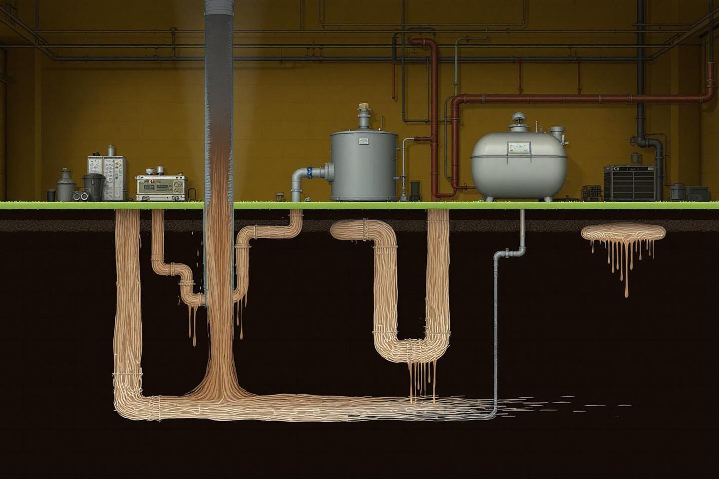 Vue technique de tuyaux industriels sous et au-dessus terre