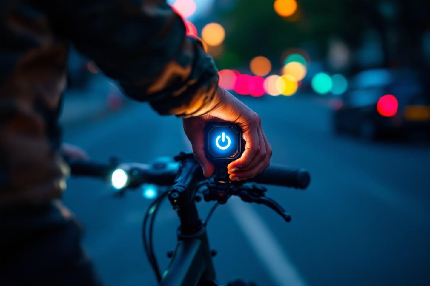 Main allumant un appareil électronique sur un guidon de vélo