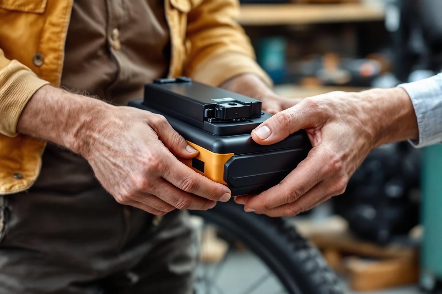 Deux mains manipulant un boîtier noir et jaune technique