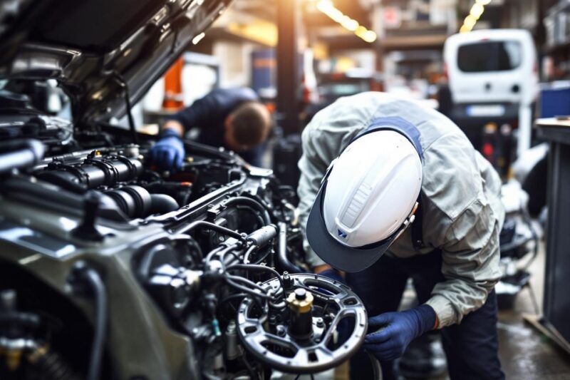 Technicien avec casque blanc travaillant sur un moteur complexe