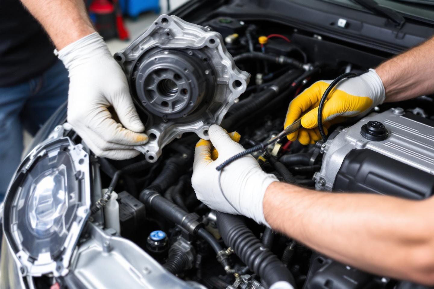 Mains gantées travaillant sur des pièces mécaniques dans un moteur