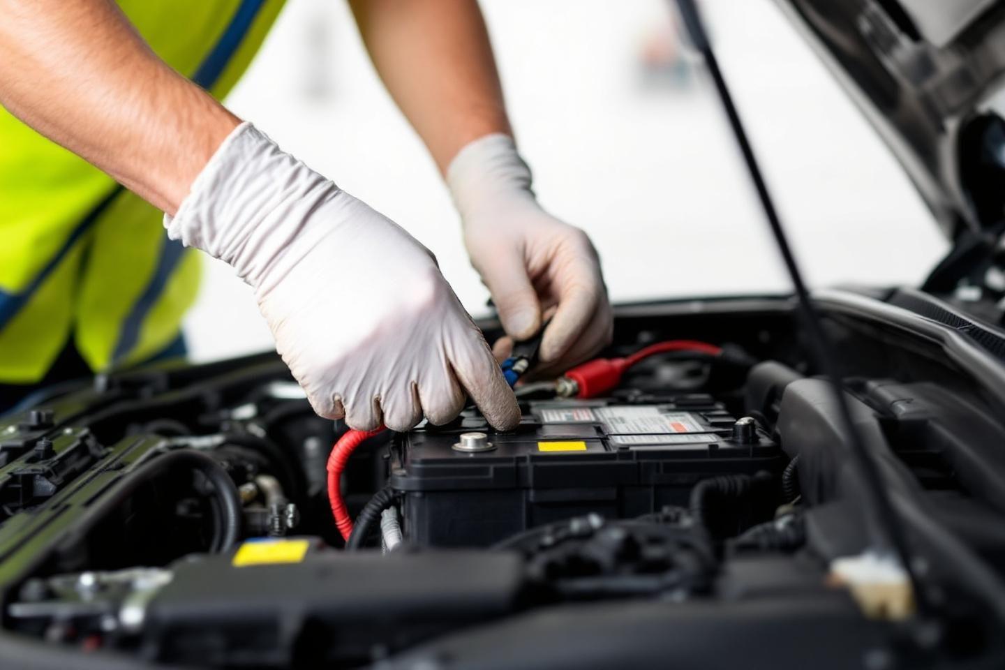Main gantée travaillant sur une batterie de voiture