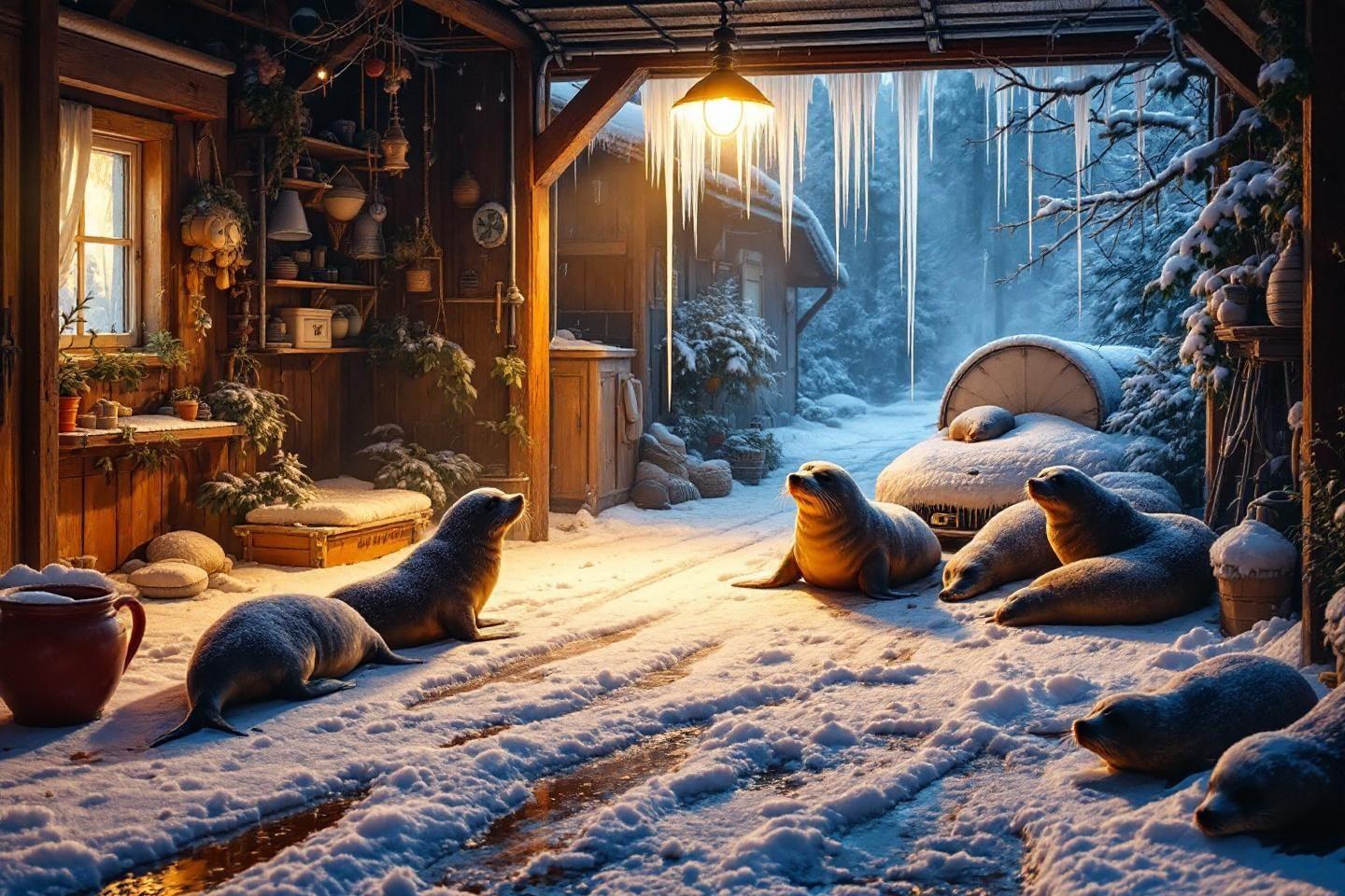 Phoques au repos dans un intérieur chaleureux en hiver