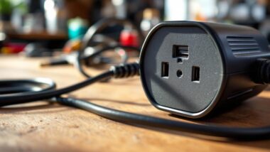 Gros plan sur une prise électrique noire avec ports USB