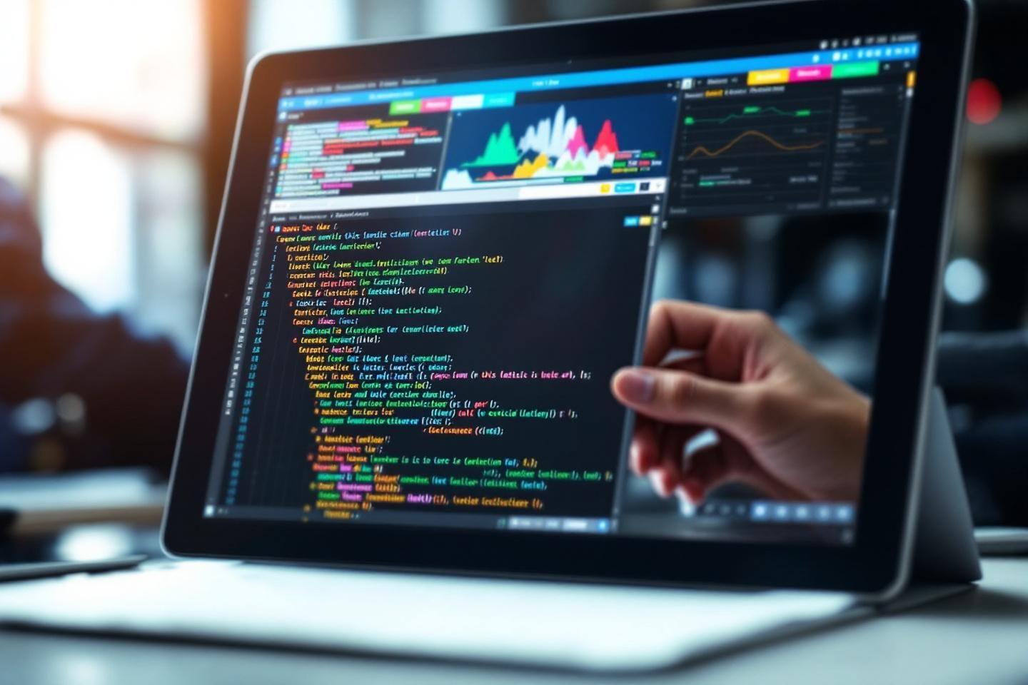 Main sur un ordinateur portable affichant du code coloré