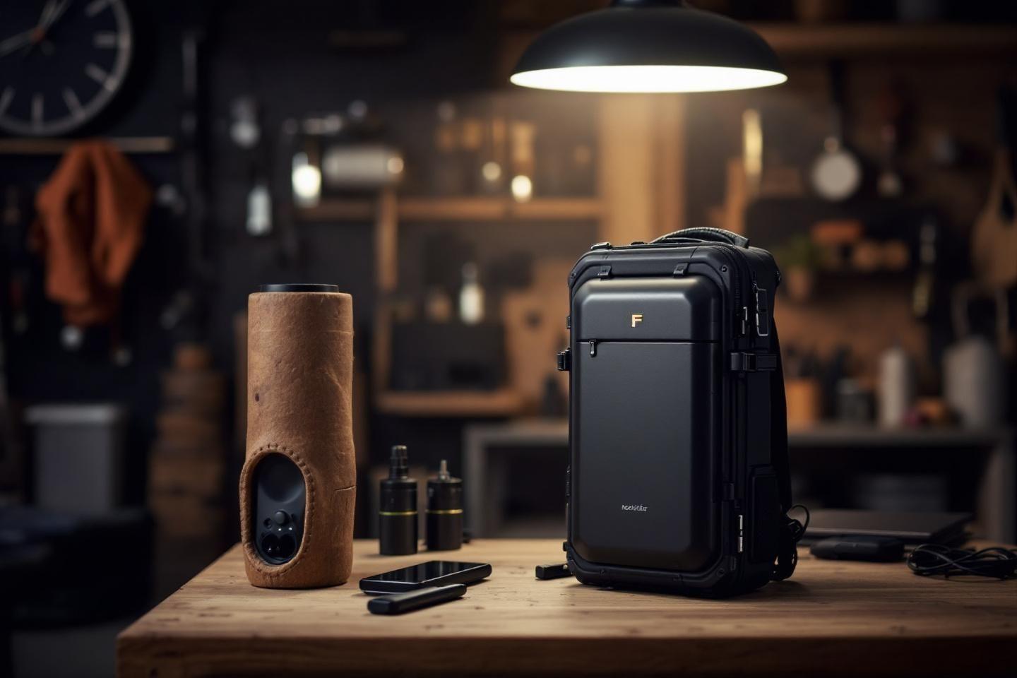 Valise noire, enceinte en bois et smartphone sur un bureau