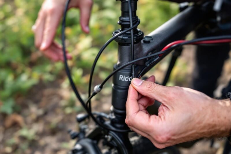 Mains ajustant le guidon d'un vélo noir dans la nature