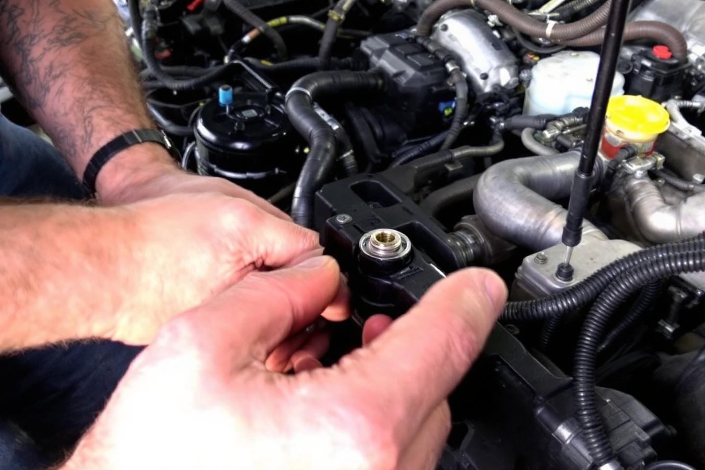 Main travaillant sur un composant technique d'un moteur