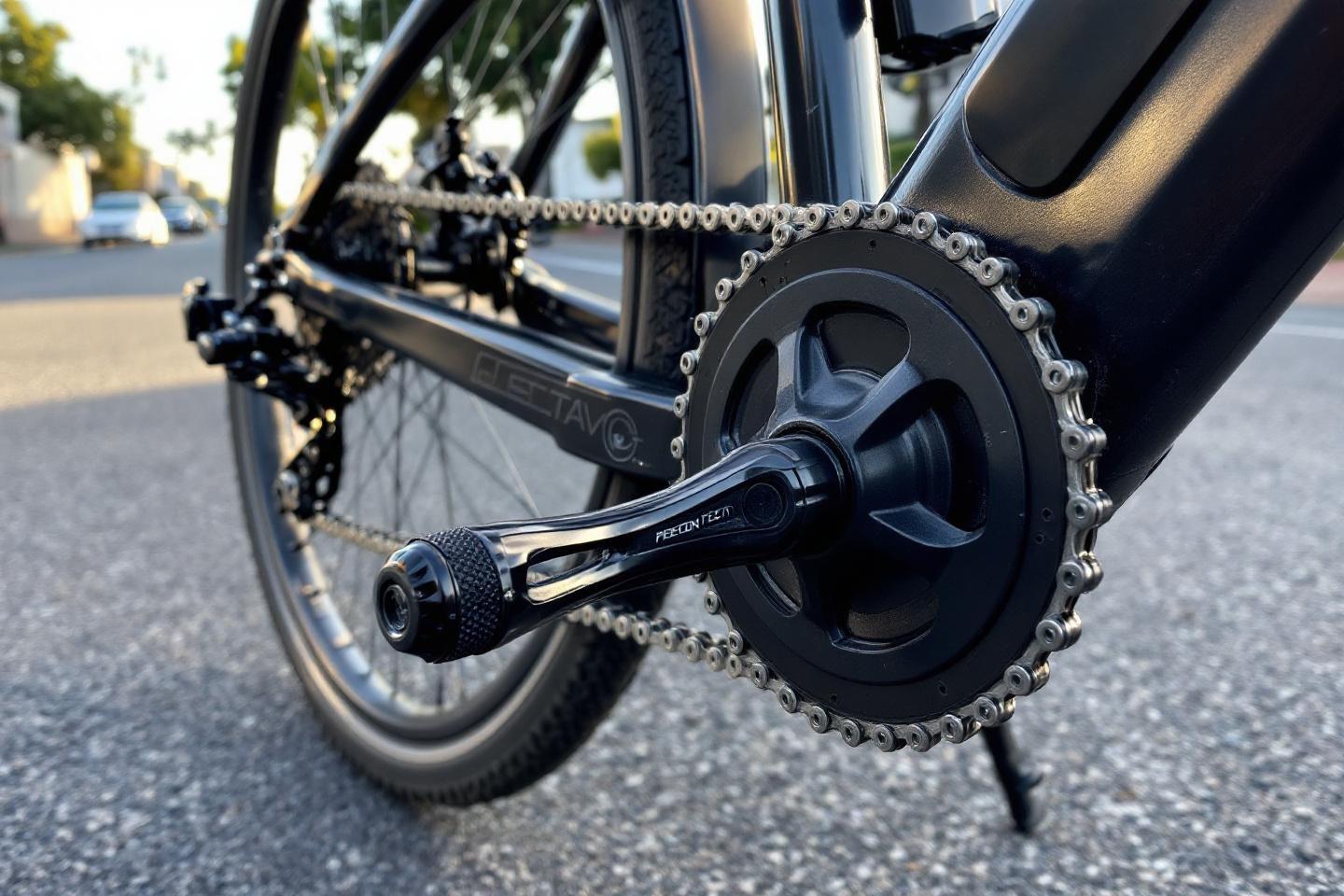 Gros plan sur les pignons et la chaîne d'un vélo noir