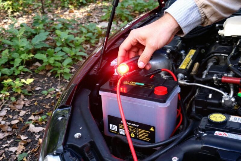 Main testant une batterie de voiture avec des câbles rouges