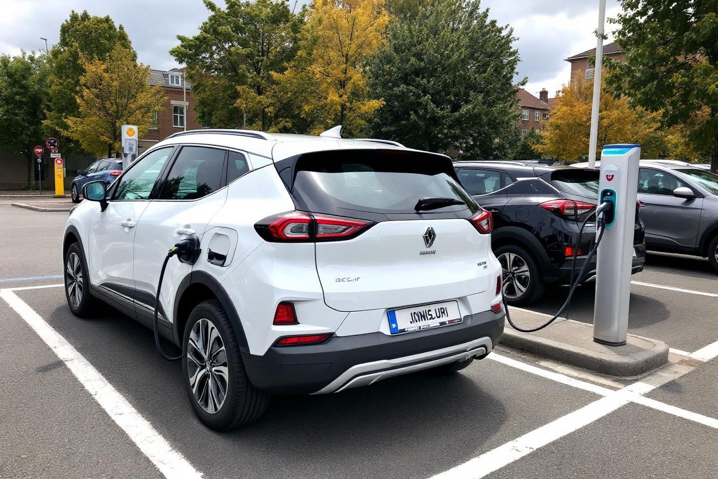 Renault blanc branché à une borne de recharge