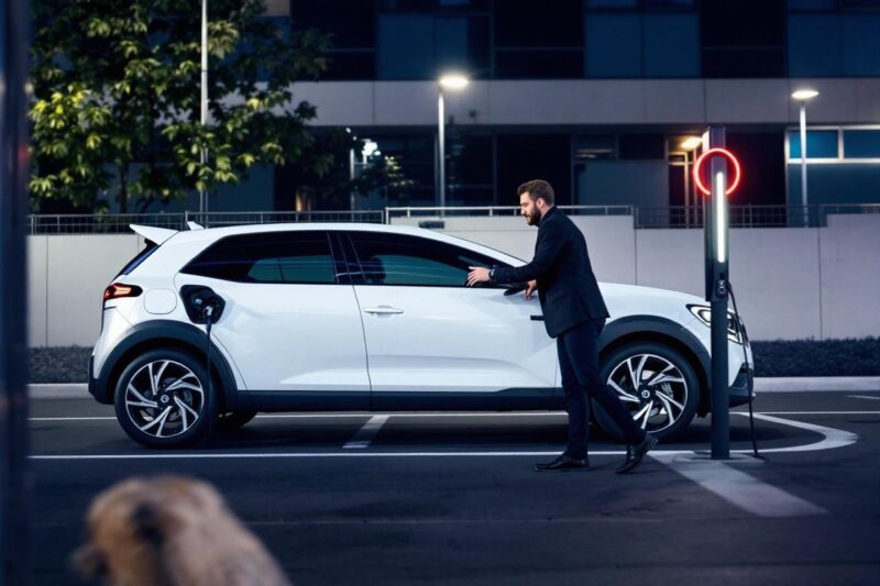 Véhicule blanc branché à une borne de recharge par un homme