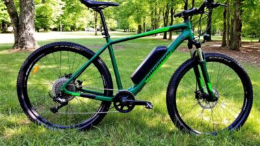 Vélo de montagne électrique vert dans un parc boisé