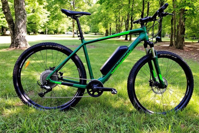 Vélo de montagne électrique vert dans un parc boisé